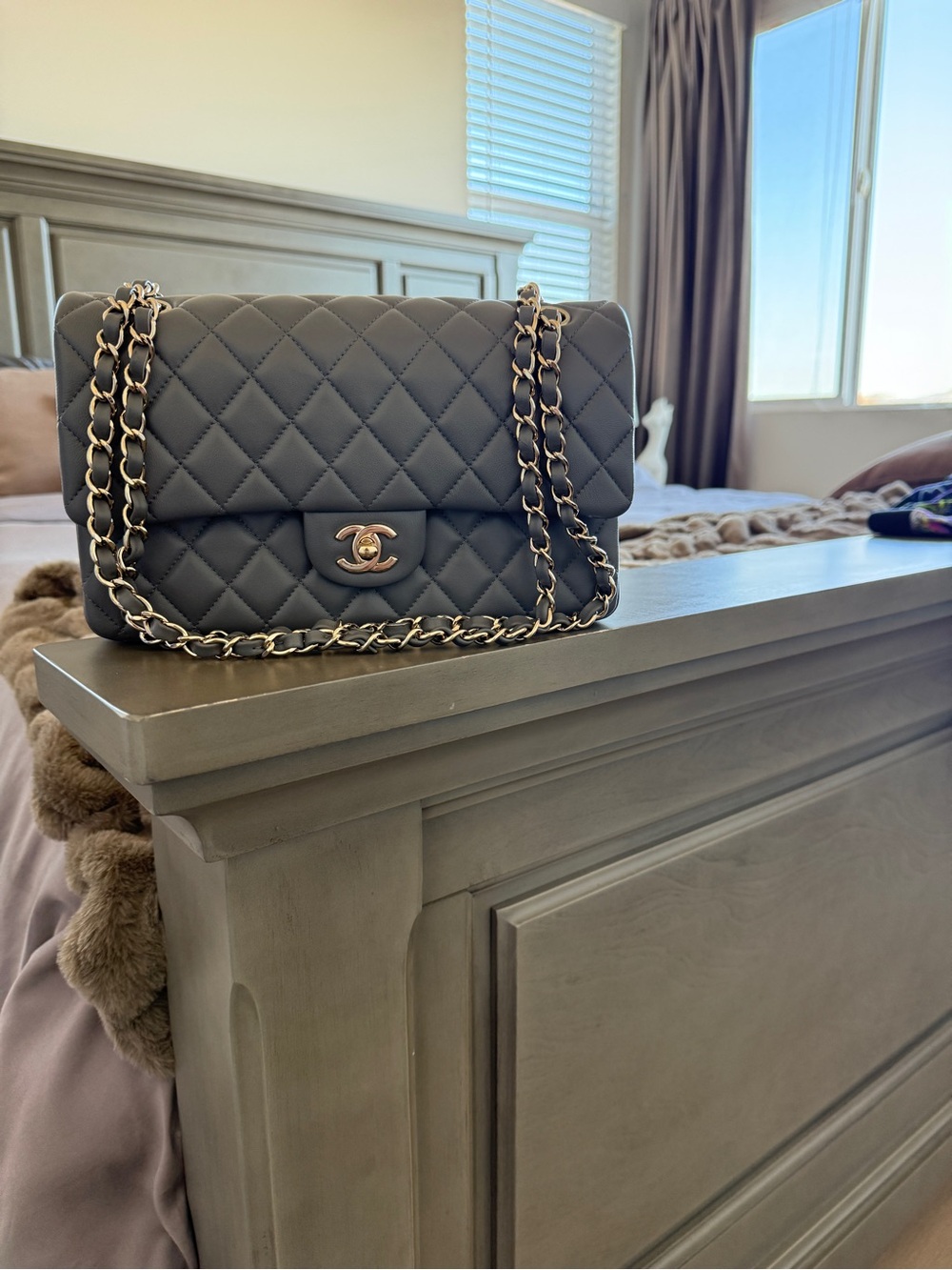 CHANEL Lambskin Quilted Medium Double Flap Bag in Gray